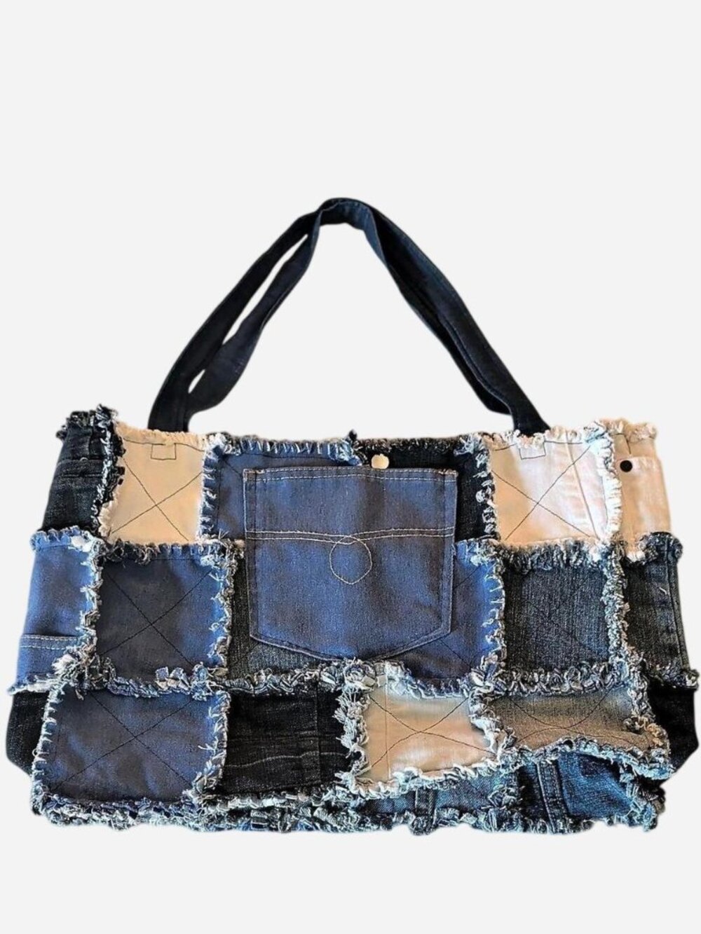 Patchwork Denim Tote Bag Blue Black Cream Distressed Vintage Handmade